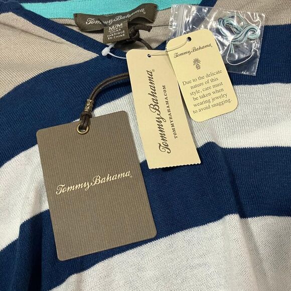 Tommy Bahama Light Sweater Womens M Blue White Stripe 3/4 Sleeve V Neck Nautical - Picture 3 of 7